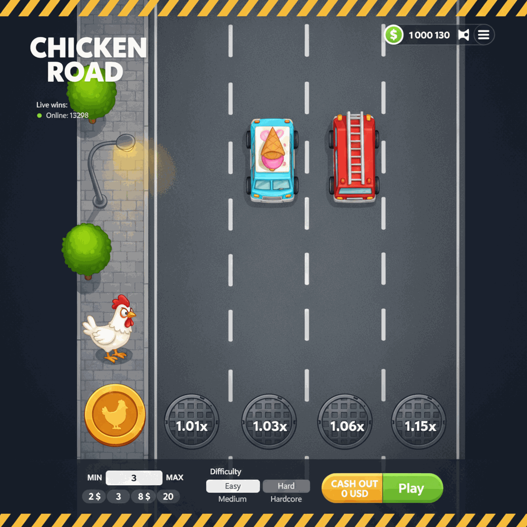 Gioco crash Chicken Road di InOut che mostra una gallina cartoon bianca che attraversa una strada urbana multi-corsia vista dall'alto, con coperture di tombini che indicano i moltiplicatori crescenti, automobili colorate sulle corsie, marciapiede con alberi verdi e lampione sulla sinistra, interfaccia di gioco con saldo del giocatore e controlli di puntata nella parte inferiore